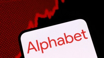 Illustration of the red Alphabet logo on a white screen, with a red stock graph visible in the background.