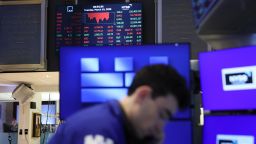 Stock market numbers are displayed as traders work on the floor of the New York Stock Exchange during morning trading on March 10, 2026 in New York City.