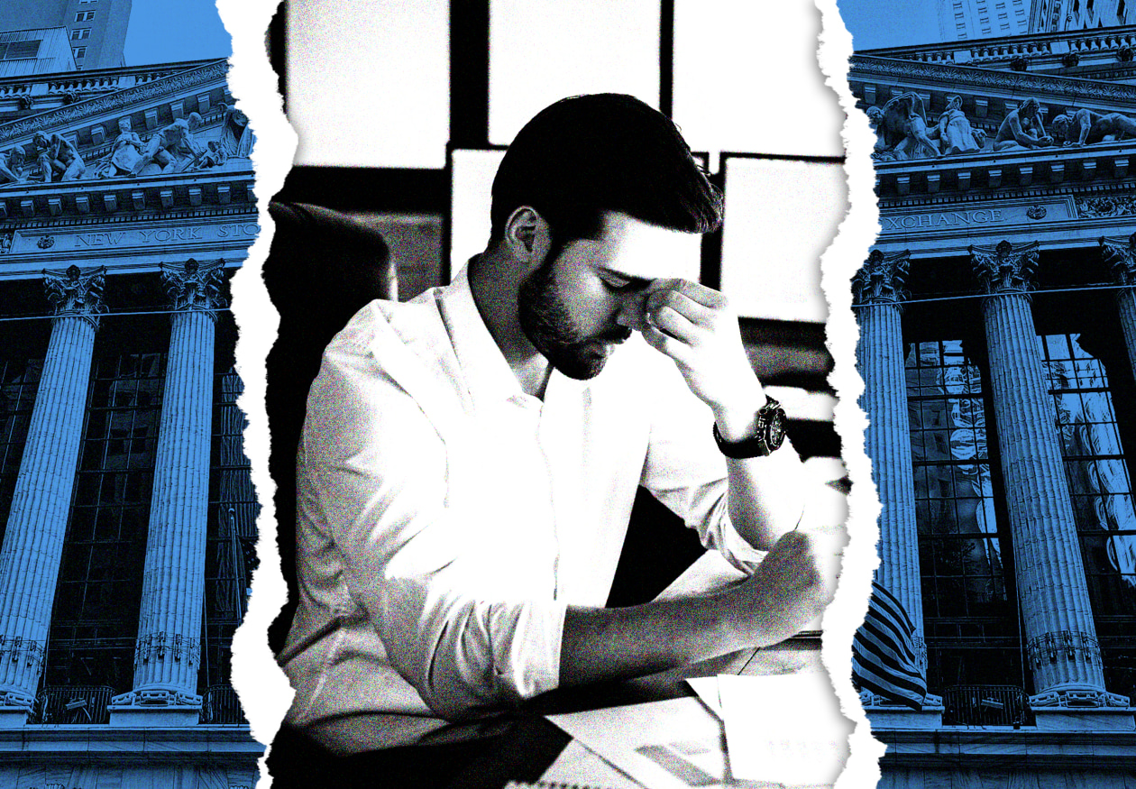 Collage of a stressed man with his head in his hand, and the New York Stock Exchange building.
