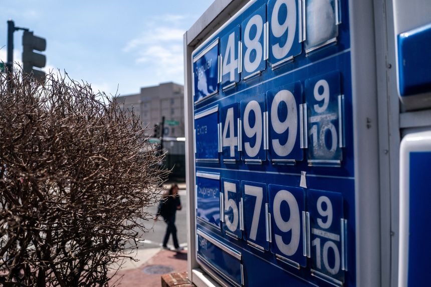 Gas prices are seen at a gas station on Capitol Hill, amid the U.S.-Israeli war with Iran, in Washington, DC, on March 19, 2026.