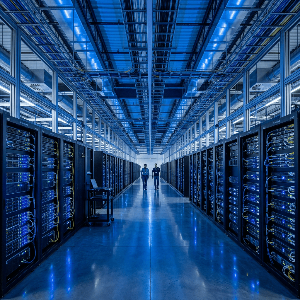 Technicians walking between server racks in a data center with blue lighting