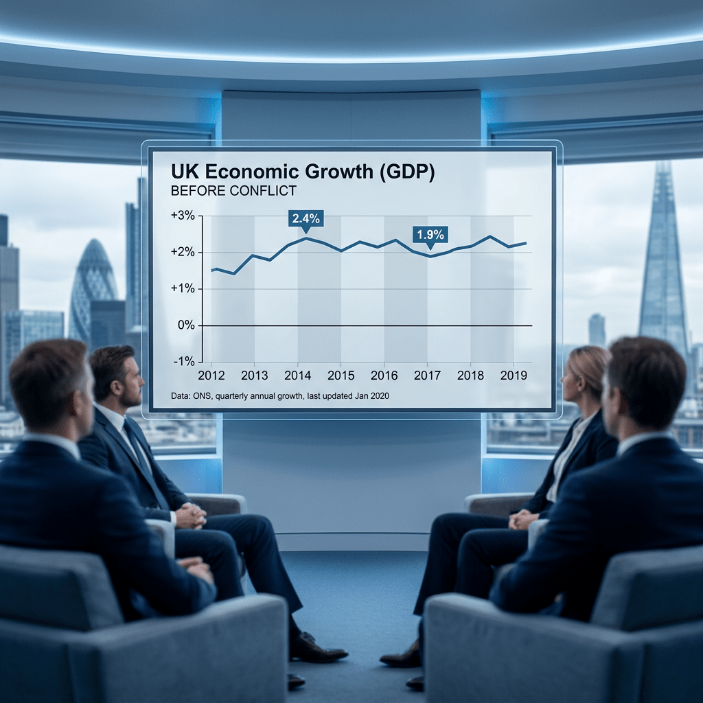 Line graph showing UK economic growth rate from 2012 to 2019 with peaks at 2.4% in 2014 and 1.9% in 2017