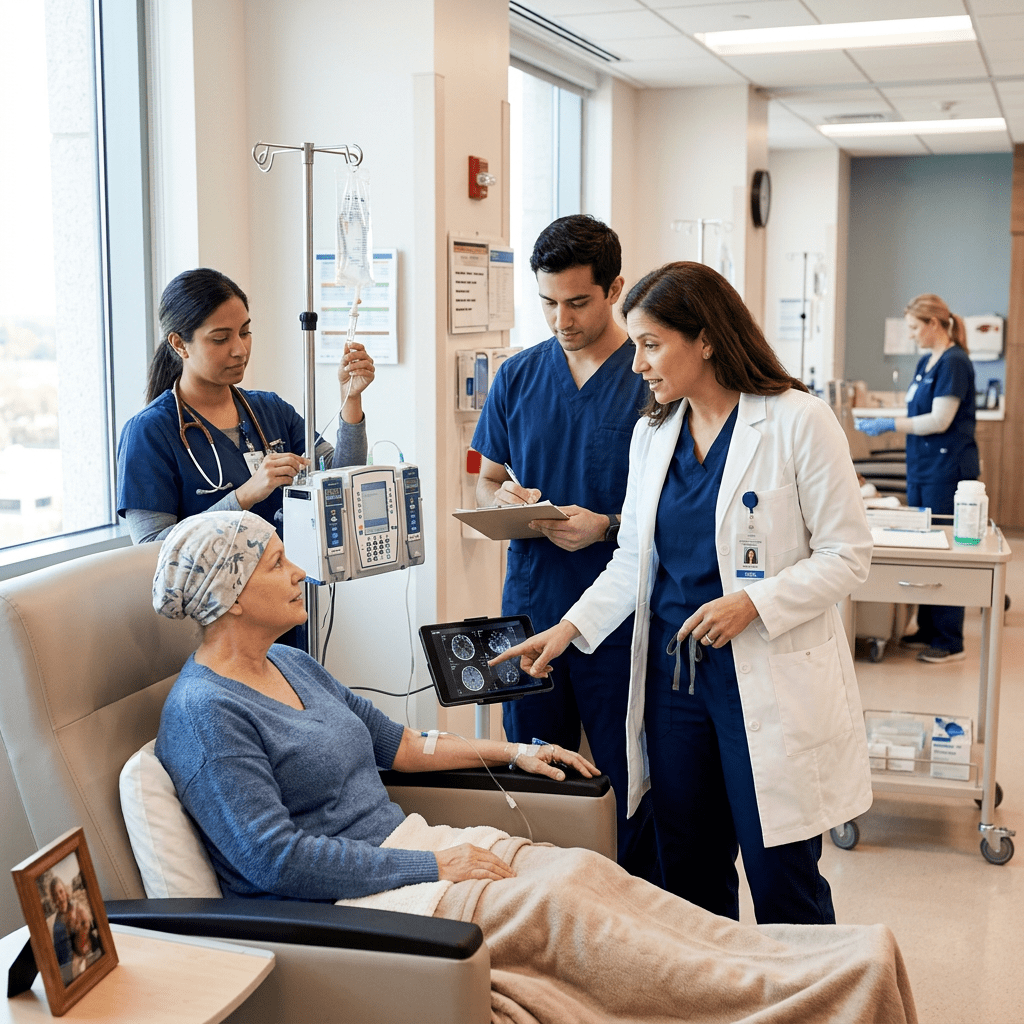 Doctor showing brain scans on tablet to cancer patient receiving chemotherapy