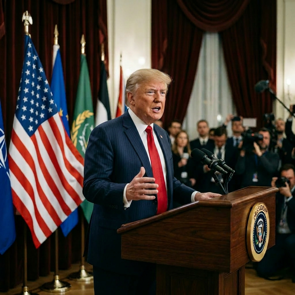 Official international diplomatic press conference Man in suit speaking at presidential podium with international flags behind him