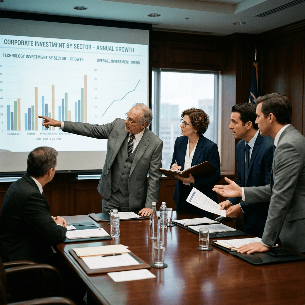 Group of business professionals in a conference room reviewing corporate investment charts and graphs