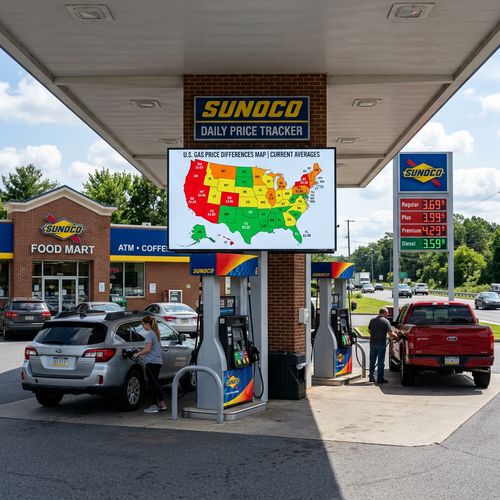 Sunoco gas station with two vehicles refueling and a digital map showing U.S. gas price differences by state