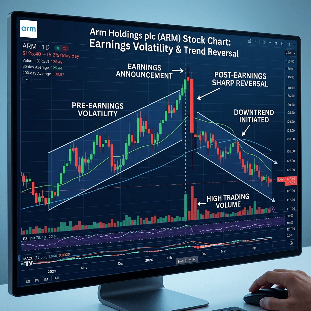 Arm Holdings plc stock chart showing earnings volatility, sharp post-earnings reversal, and downtrend initiation with trading volume.
