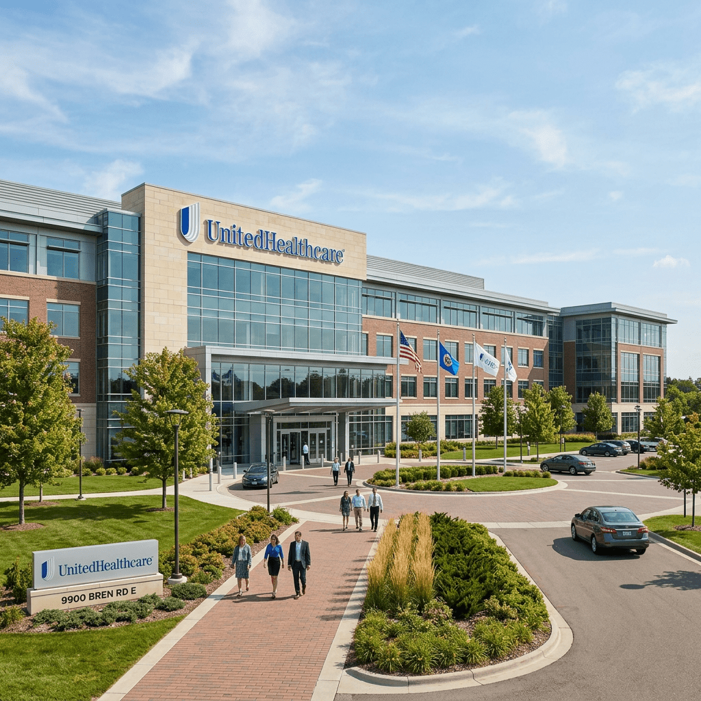 UnitedHealthcare office building with employees walking on pathway, cars in parking lot, and flags in front