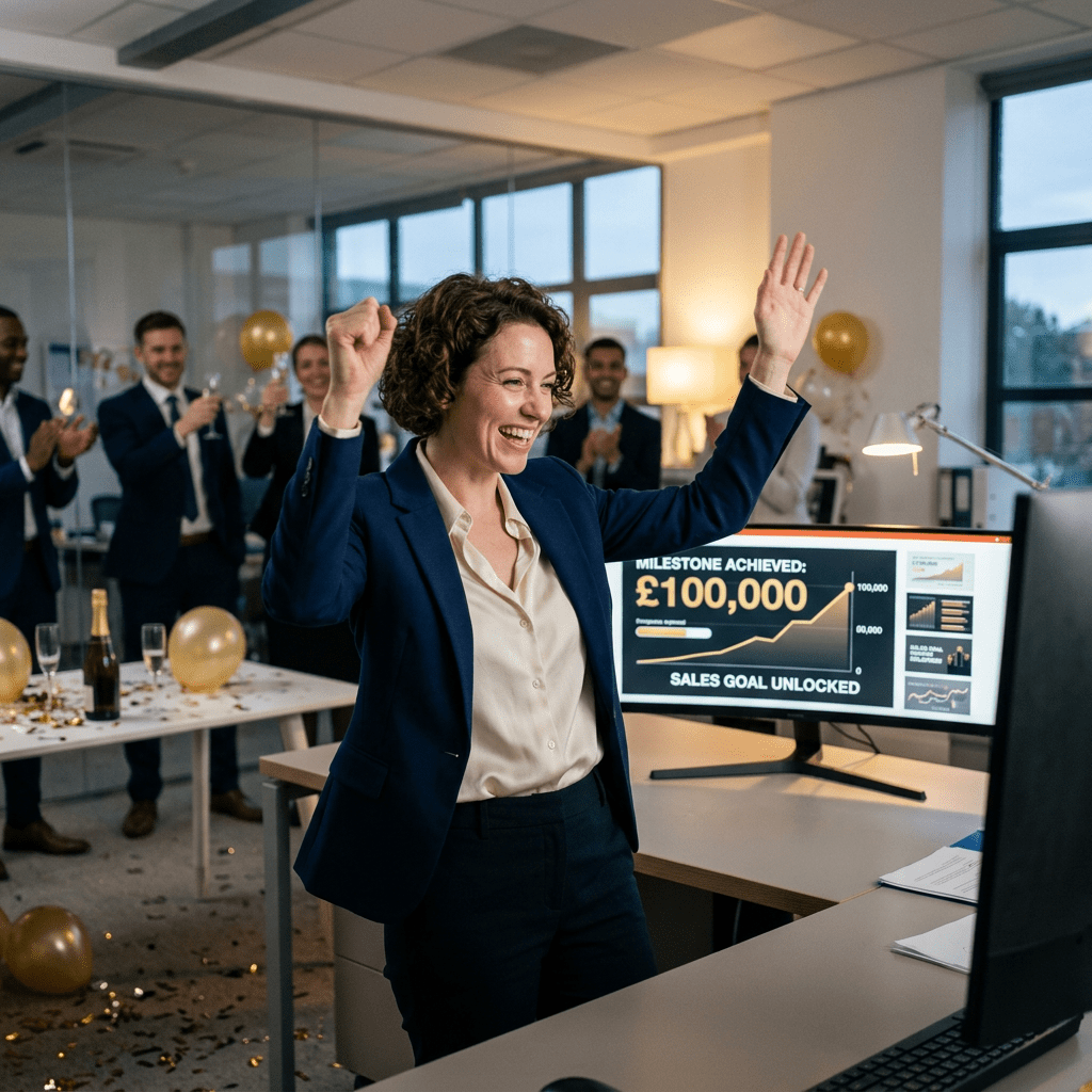 Professional celebrating £100,000 milestone financial success