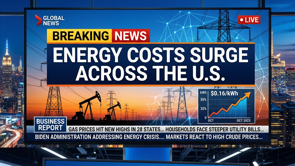 Breaking news on rising energy costs in the U.S. with charts on electricity, gasoline, and home heating price increases