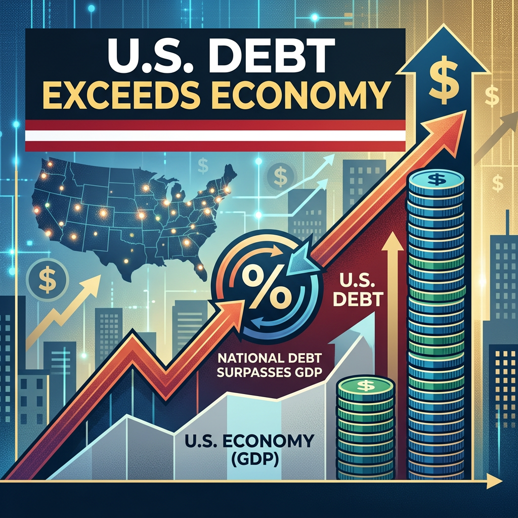 Chart showing U.S. debt exceeding the national economy with rising arrows and dollar signs