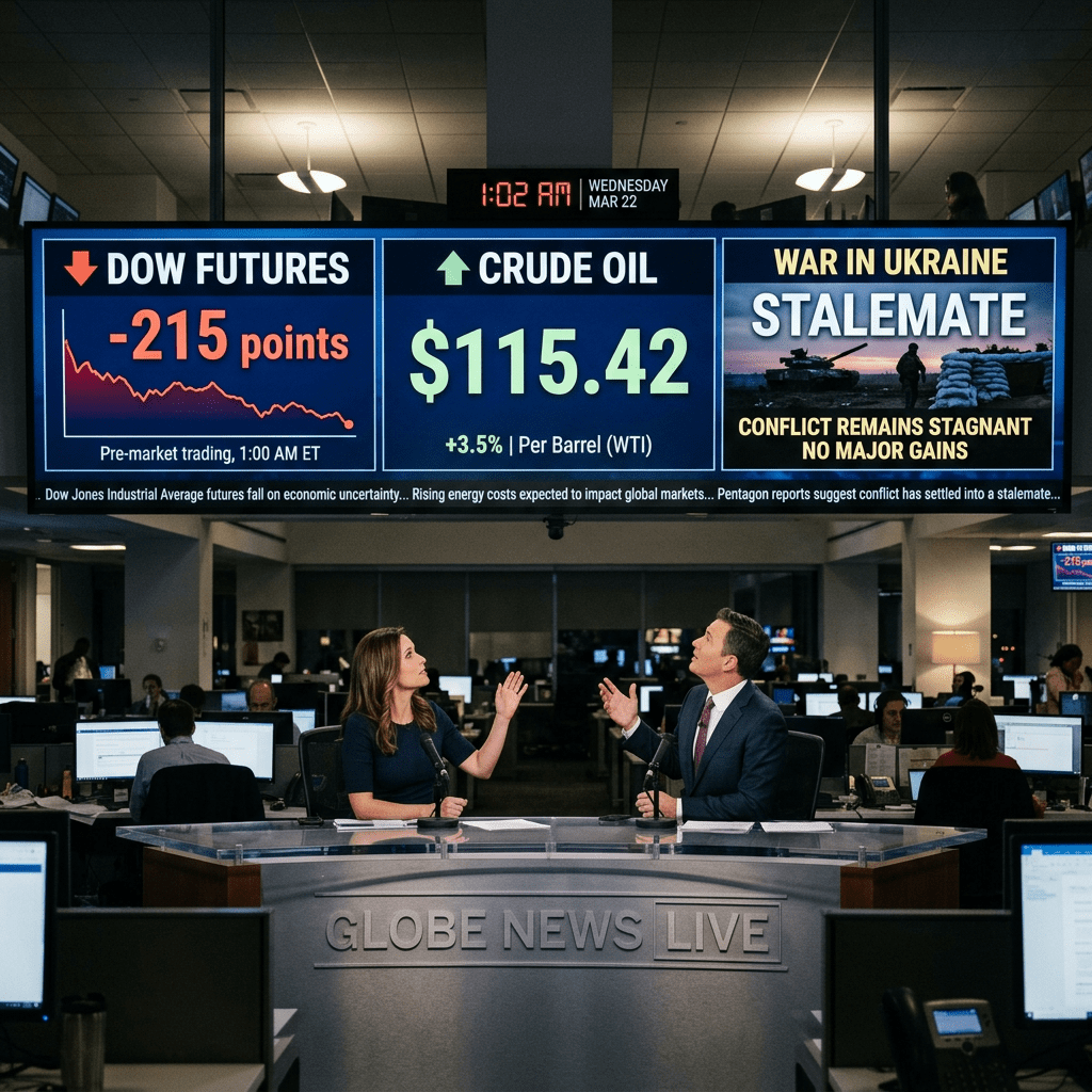 News anchors reporting live with Dow Futures, Crude Oil prices, and Ukraine conflict updates on screen