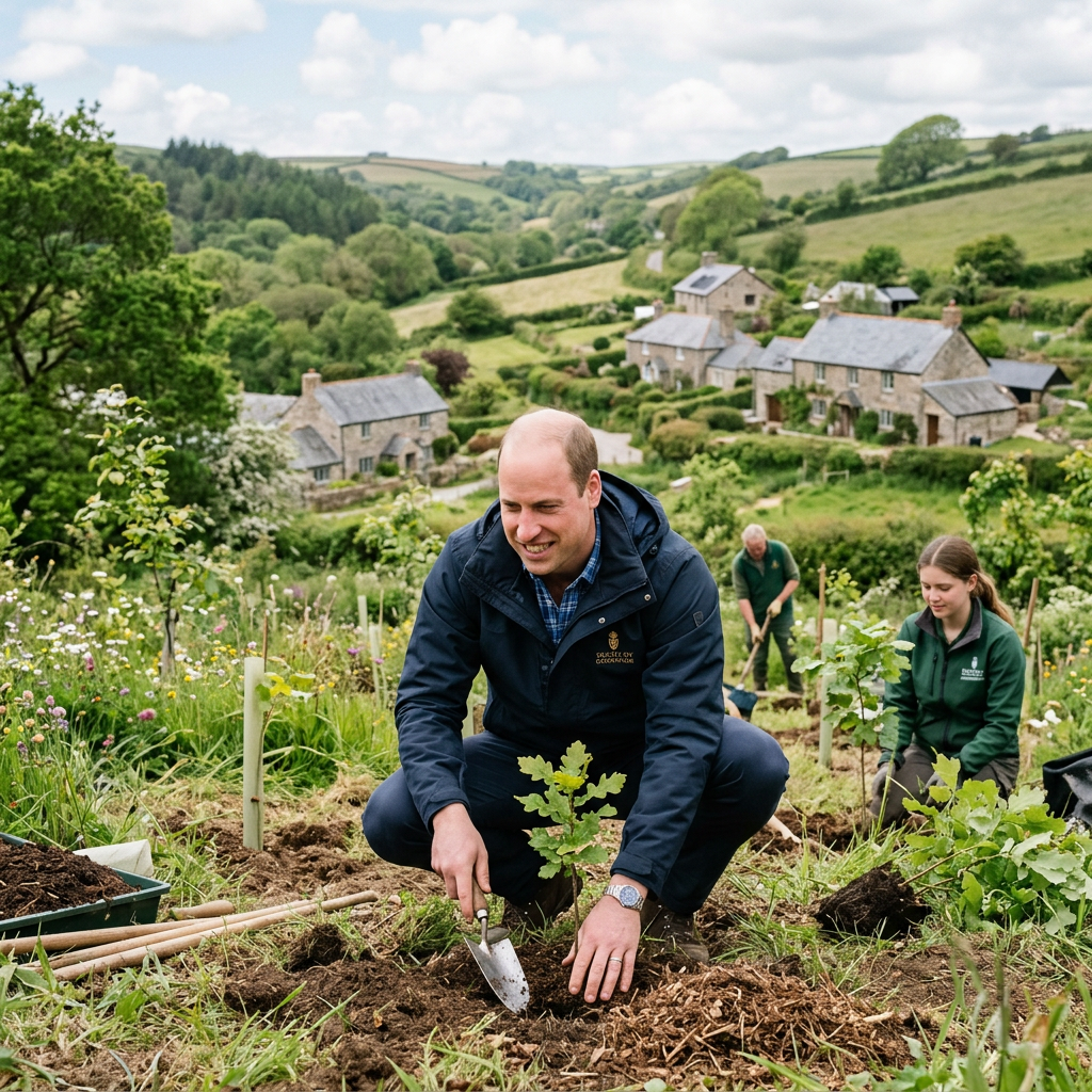 Three people planting young trees on a grassy hillside with countryside houses in background
