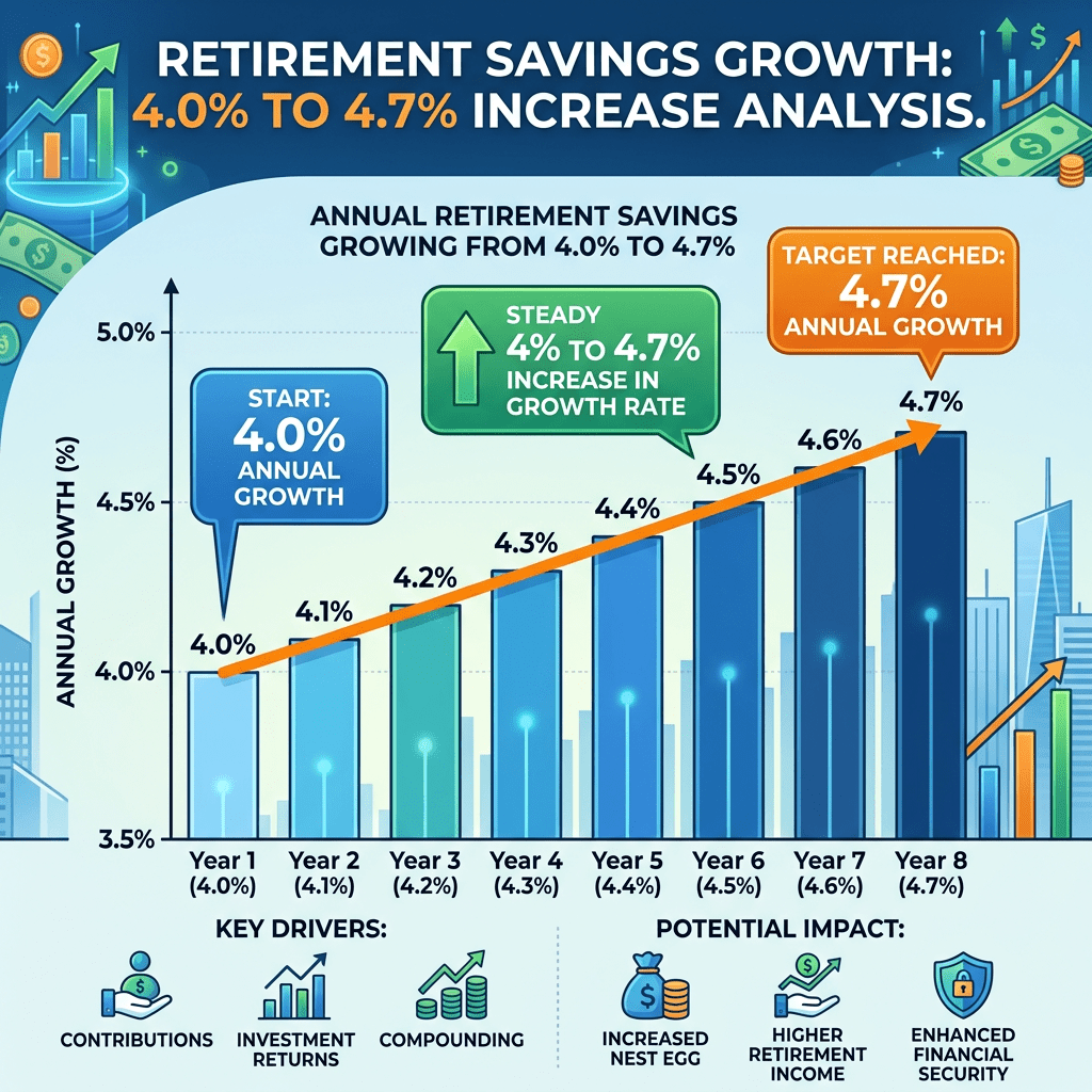 Bar chart showing retirement savings annual growth increasing year by year from 4.0% to 4.7% with key drivers and potential impacts