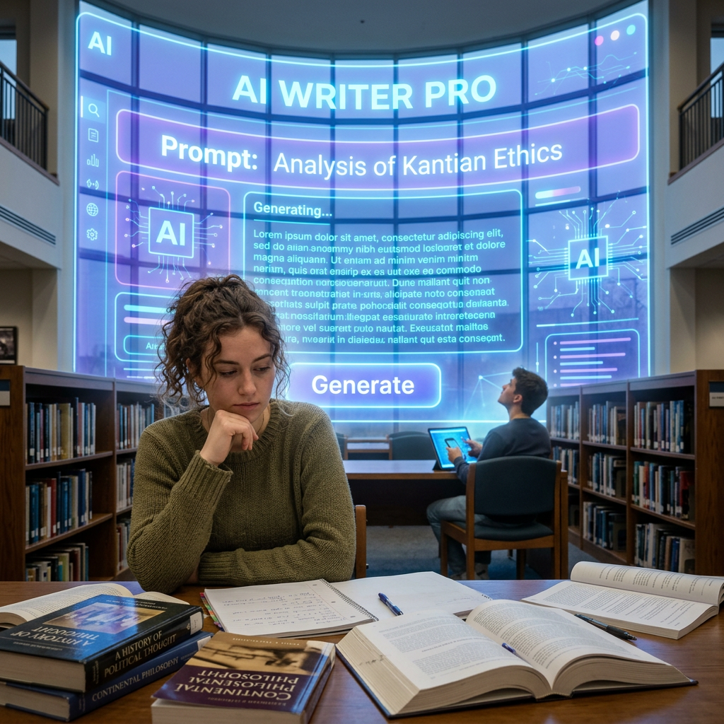 Student studying Kantian Ethics with AI writing assistant in library