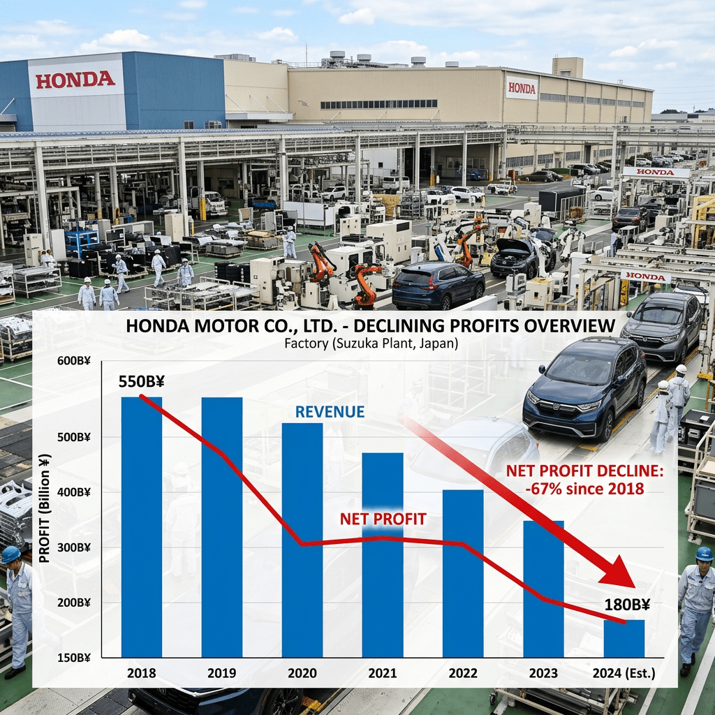 Honda factory with declining profits chart overlay