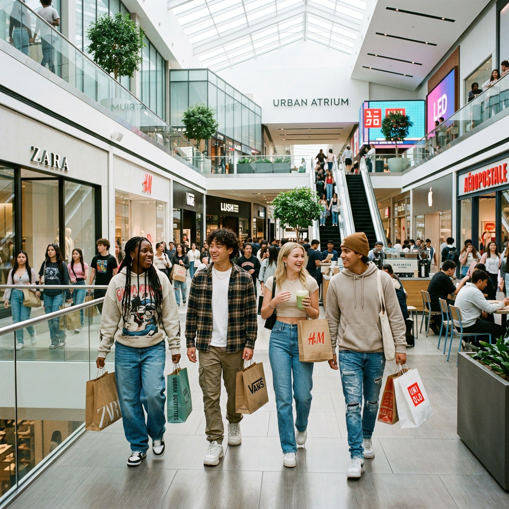 Group of four young friends walking in a shopping mall carrying bags from Zara, H&M, Vans, and Uniqlo