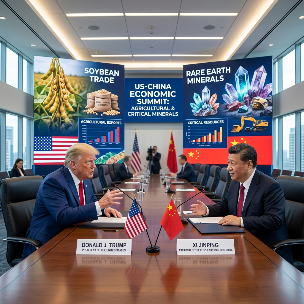Donald Trump and Xi Jinping seated at a conference table with US and China flags discussing trade and critical minerals