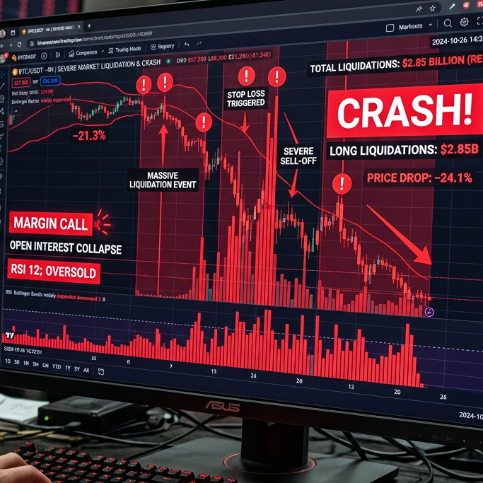 Cryptocurrency trading screen showing a sharp market crash with $2.85 billion liquidations and 24.1% price drop
