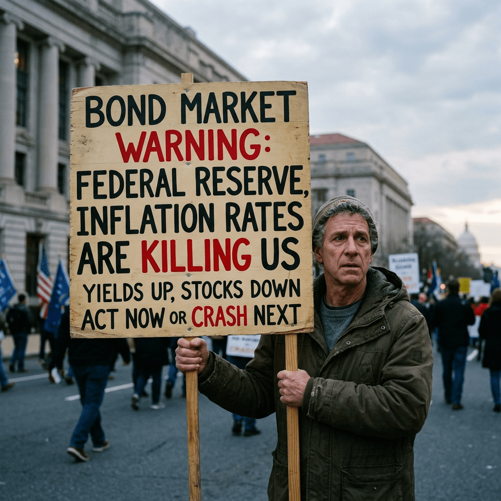 Protester holding sign that says bond market warning, inflation rates harming economy