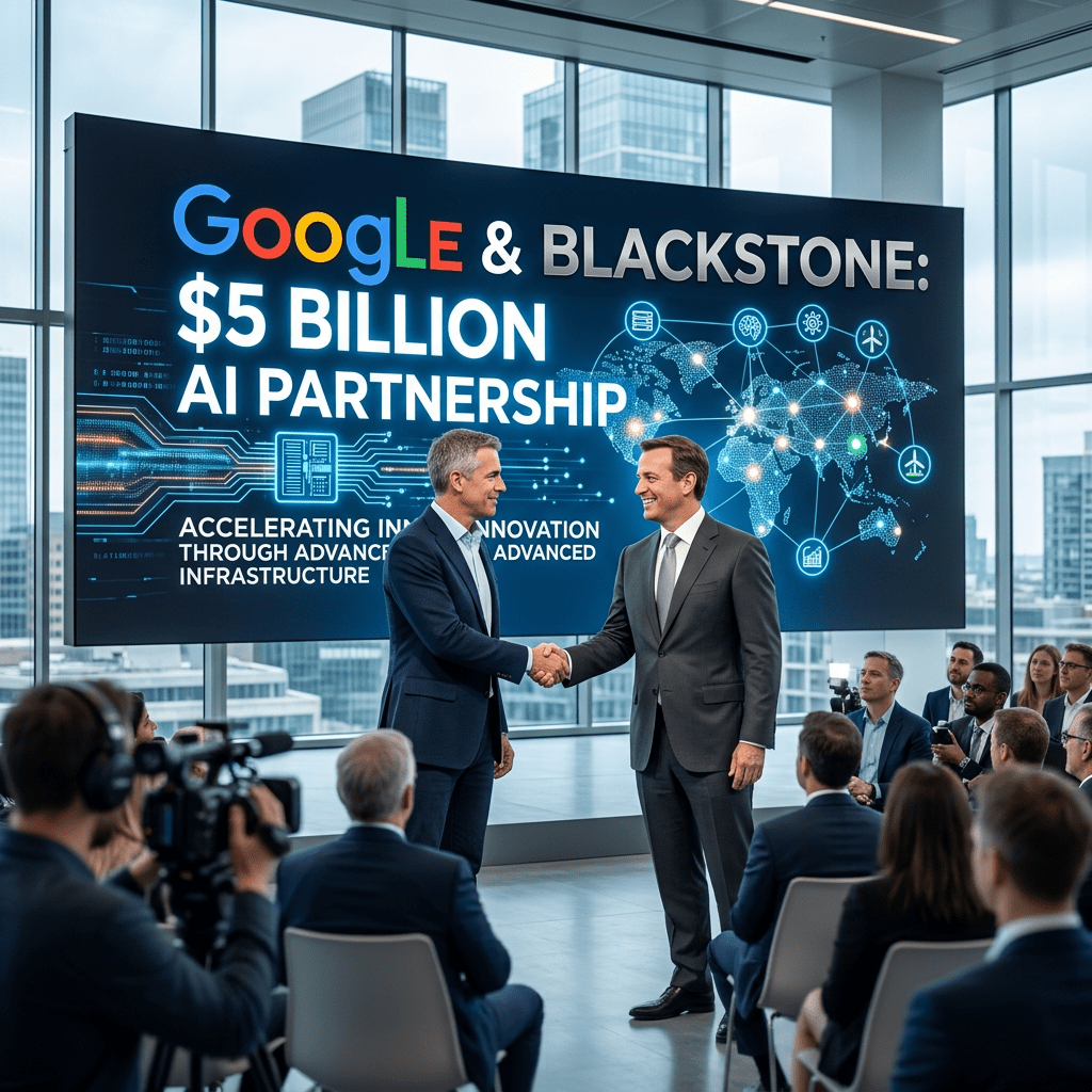 Two men shaking hands in front of a screen displaying Google and Blackstone $5 billion AI partnership announcement