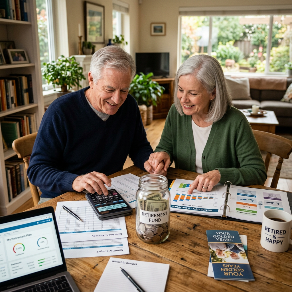 Senior couple calculating retirement savings with charts and budget documents