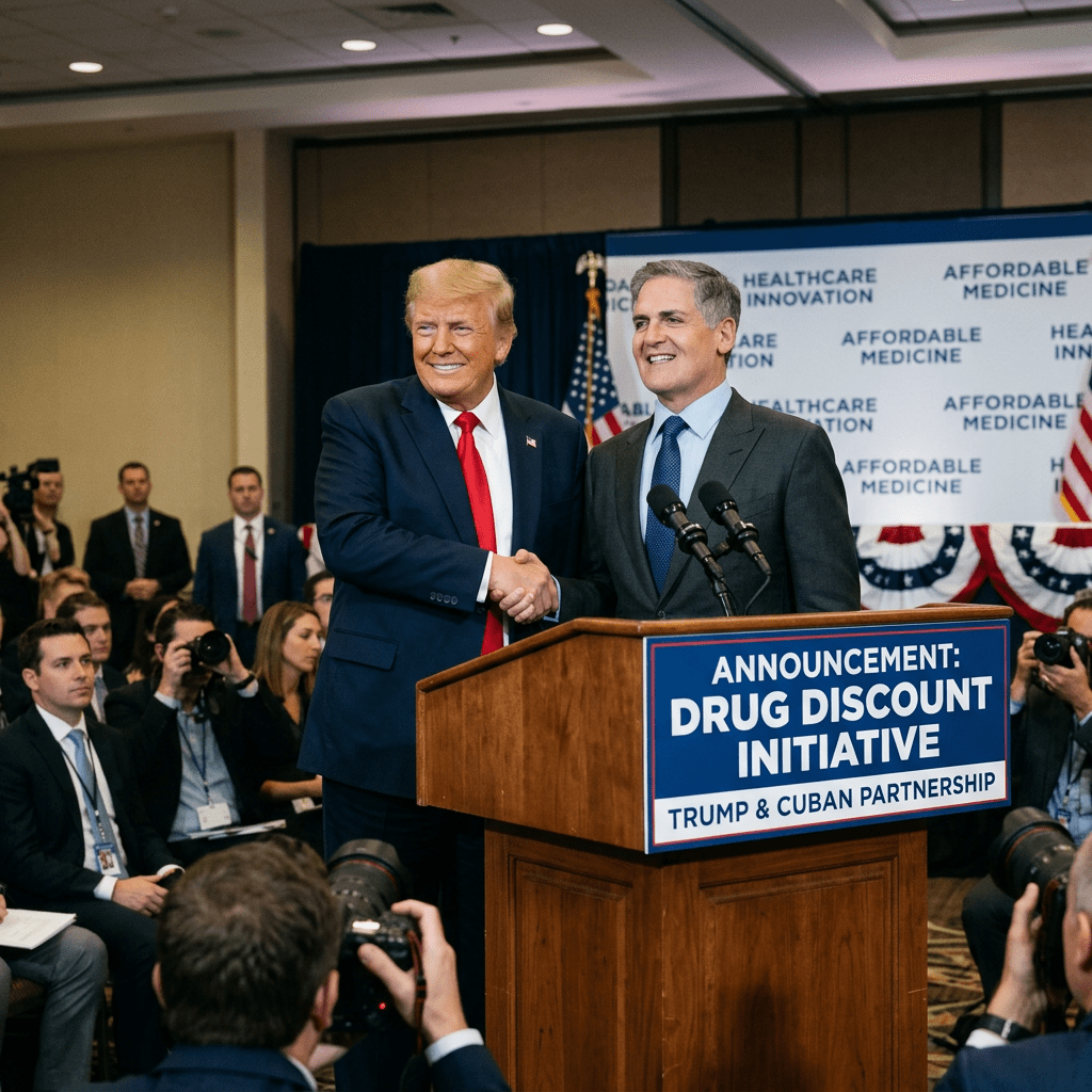 Donald Trump and Mark Cuban shaking hands at podium during drug discount initiative event