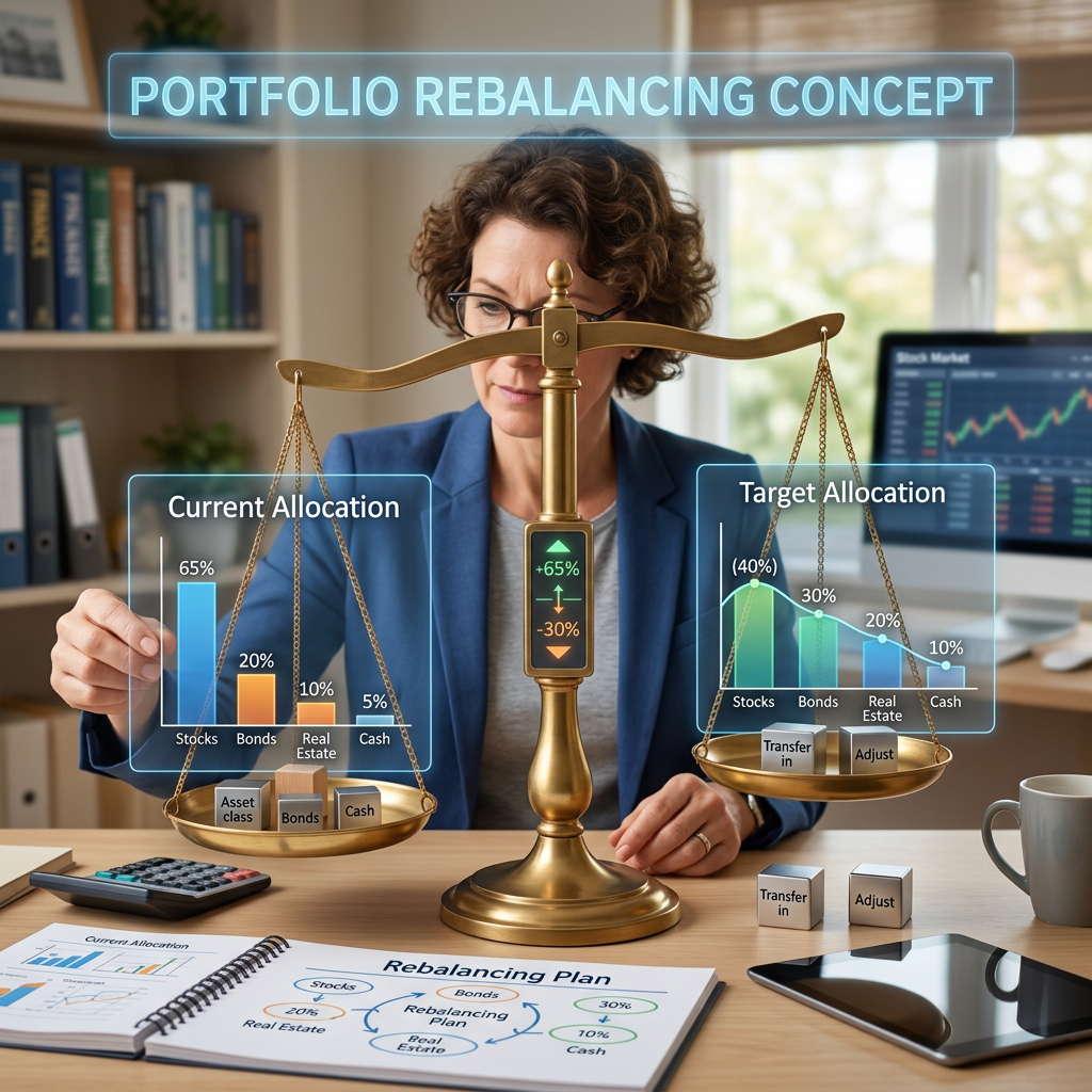 Financial advisor balancing portfolio allocation showing current and target percentages of stocks, bonds, real estate, and cash