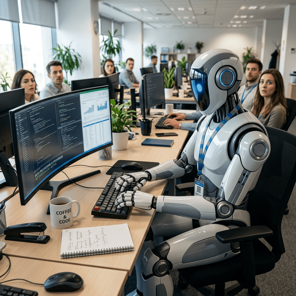 Humanoid robot typing on keyboard with coworkers looking surprised