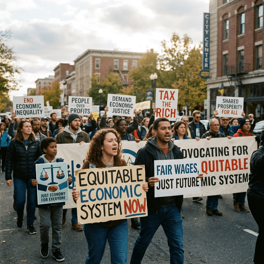 People protesting for economic justice holding signs with messages like equitable economic system, fair wages, tax the rich, and shared prosperity