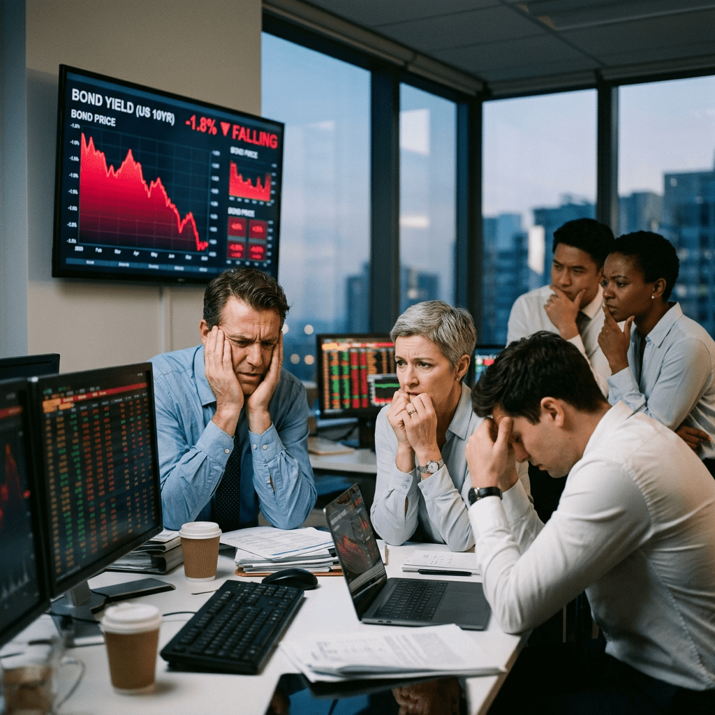 Five financial traders looking worried while monitoring falling US 10-year bond yields on multiple screens