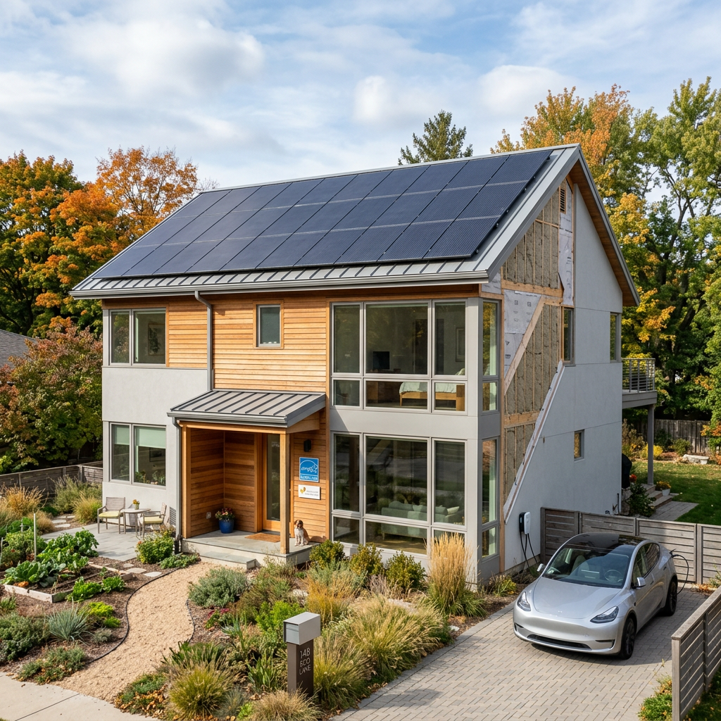 Modern two-story house with solar panels on roof and electric car in driveway