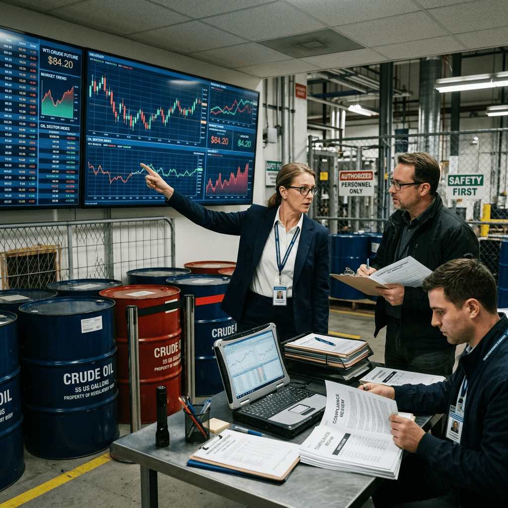 Three professionals analyzing crude oil market trends and compliance documents in an industrial setting