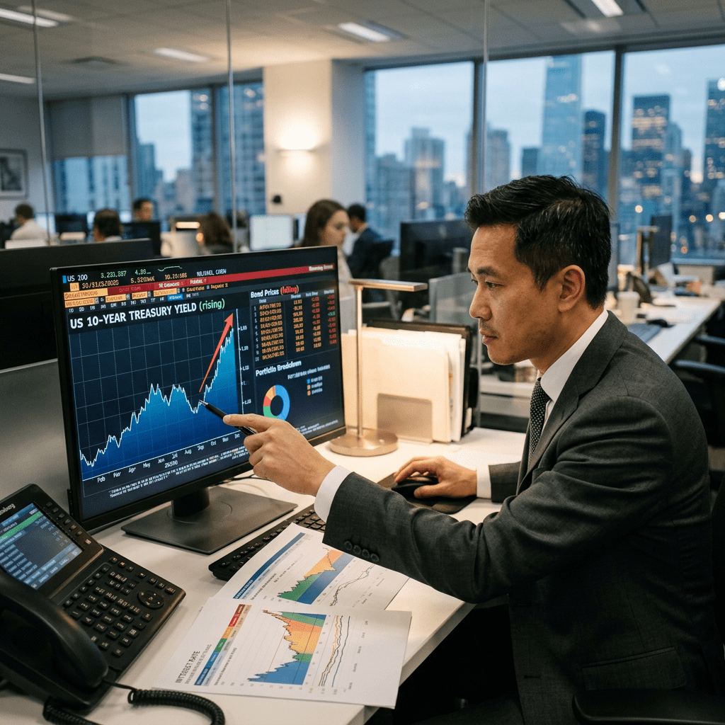 Financial analyst in suit pointing at rising US 10-year treasury yield graph on computer screen