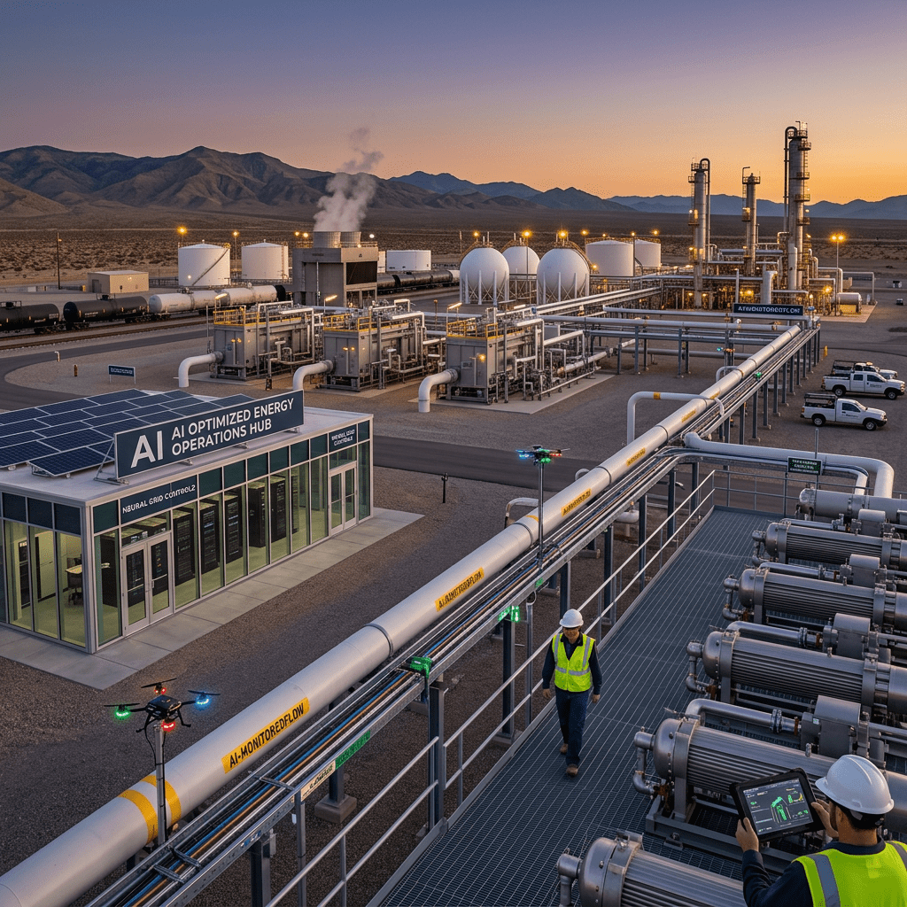 Energy facility with AI operations hub, pipelines, storage tanks, and workers using tablets