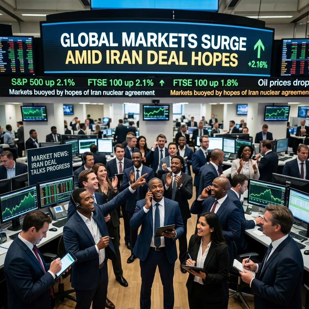 Traders celebrating market surge amid Iran deal news on trading floor