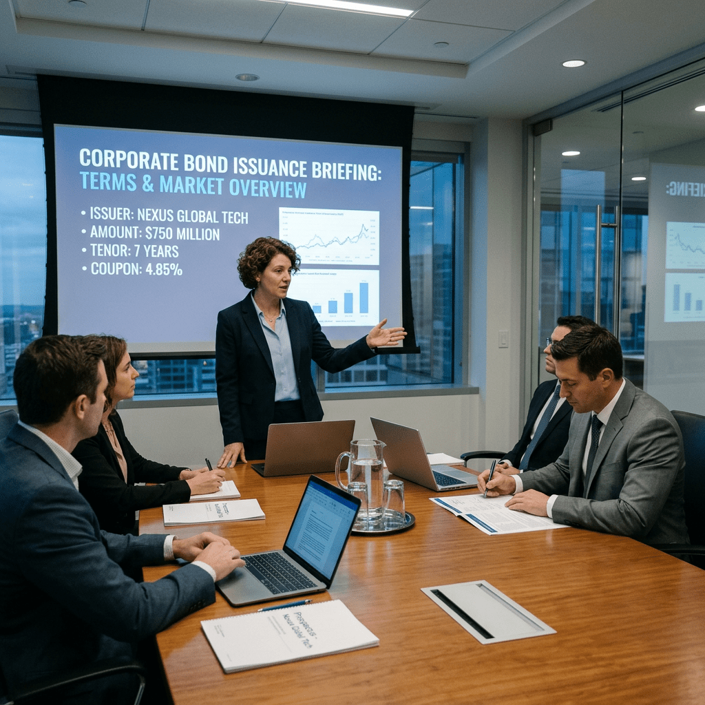 Businesswoman presenting bond issuance briefing with charts and financial details to colleagues