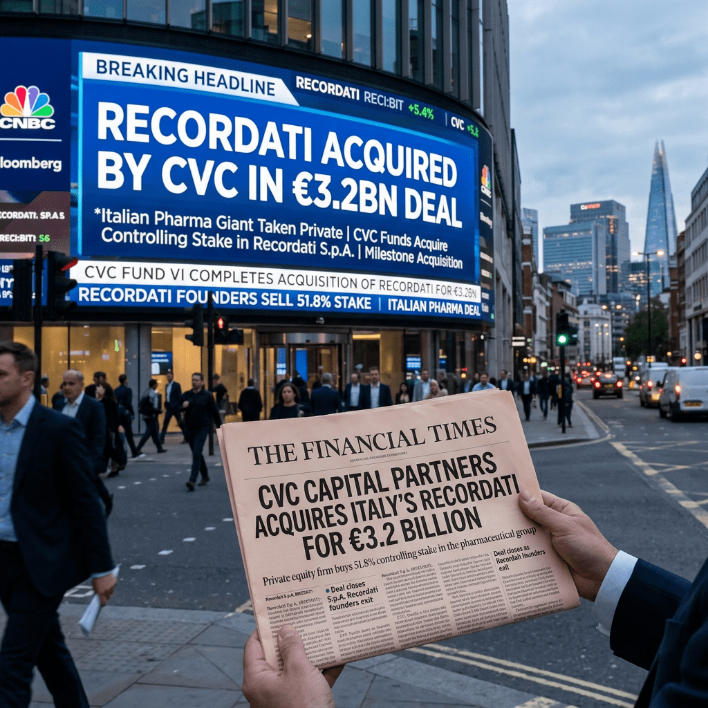 Breaking news on Recordati acquisition by CVC displayed on a large screen with a person holding a Financial Times newspaper showing the same headline.