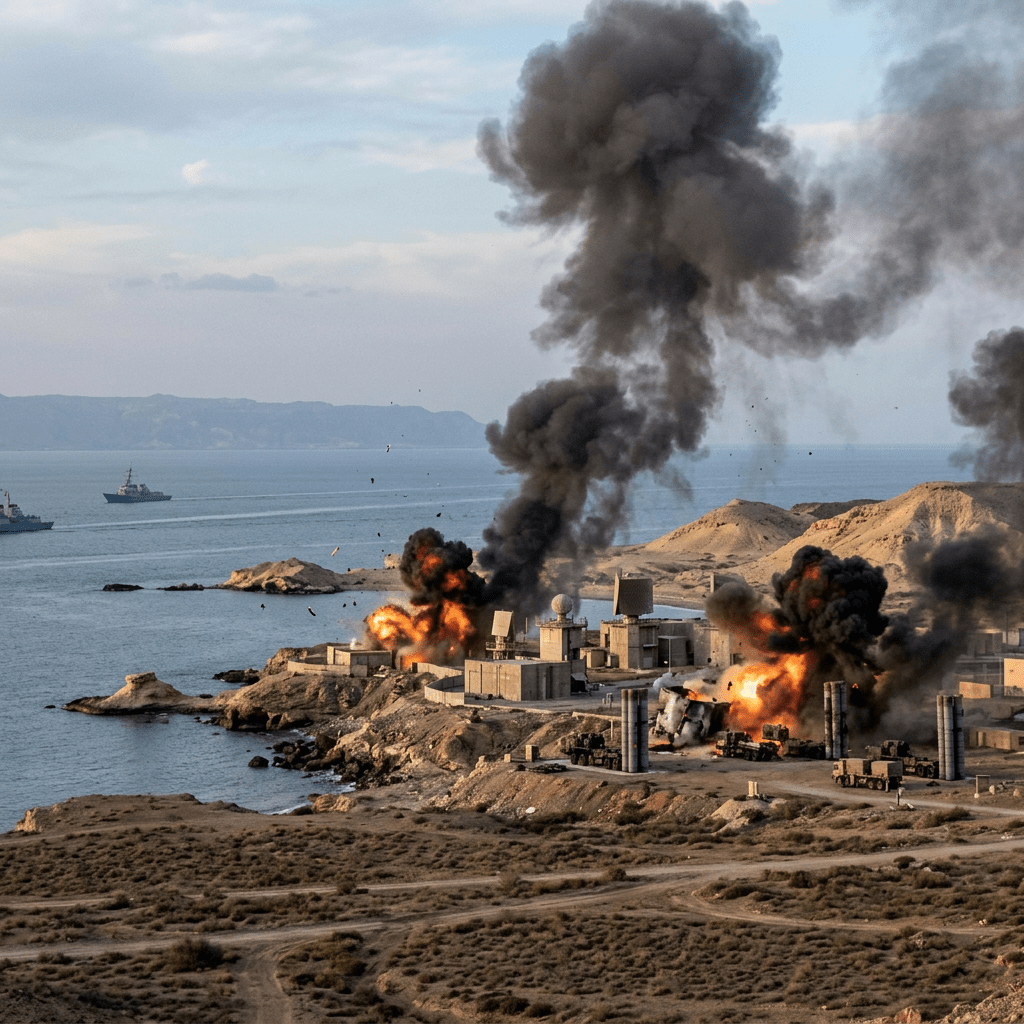 Explosions and thick smoke rising from a coastal military base by the sea with naval ships nearby