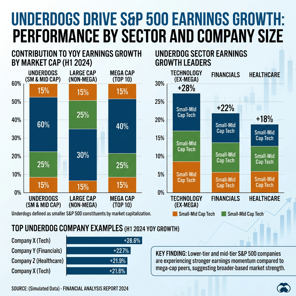 Bar charts showing contribution to year-over-year earnings growth by S&P 500 market cap segments and sector earnings growth leaders