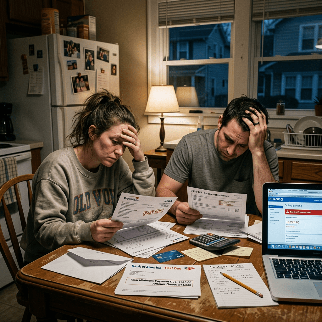 Couple sitting at table reviewing overdue bills with calculator and laptop