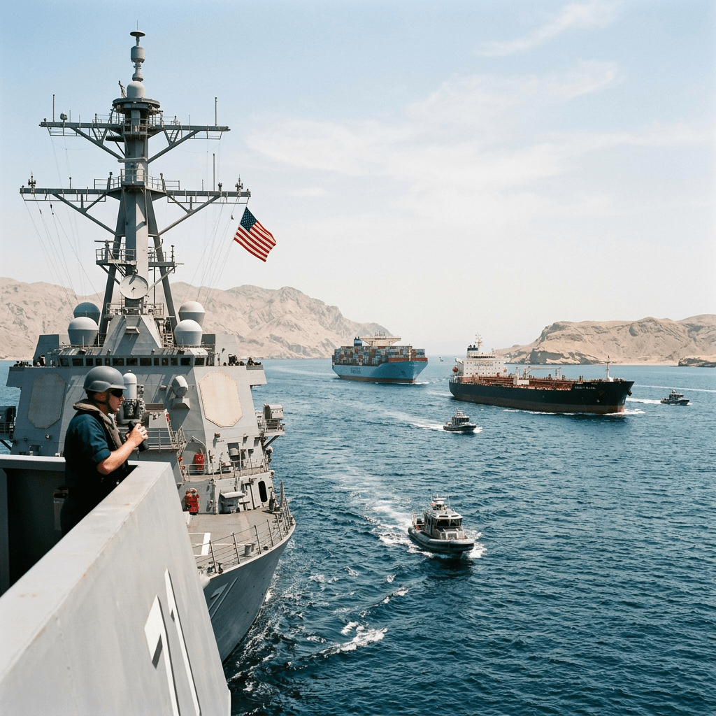 Naval warship with American flag escorting multiple commercial ships in narrow waterway