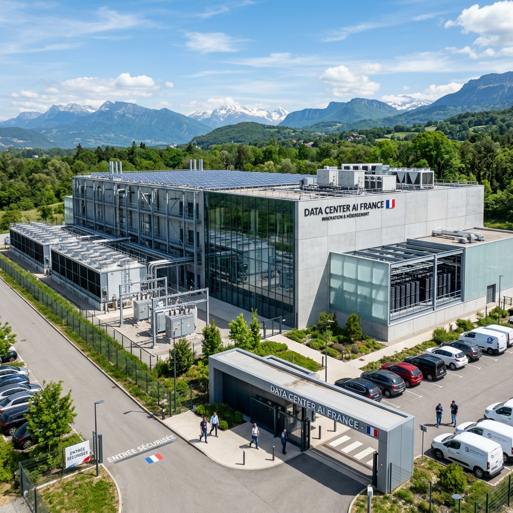 Data Center AI France building with solar panels and parking, set against mountain backdrop