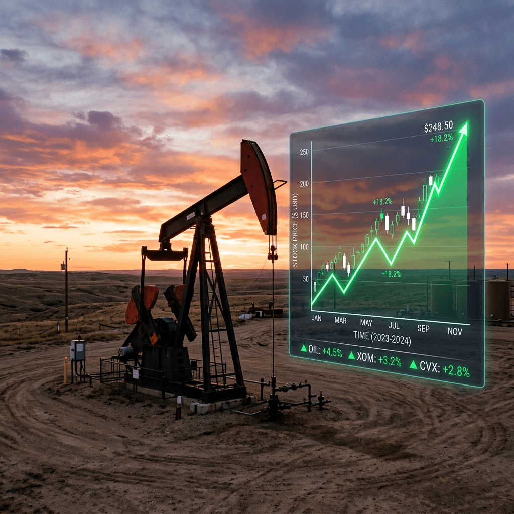 Oil pumpjack in a field at sunset with a digital stock price chart showing a rising trend from January to November 2023-2024