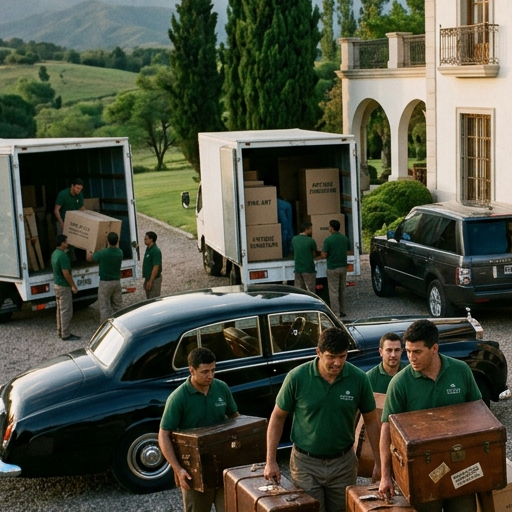 Man in suit walking up steps while movers carry vintage luggage outside large estate