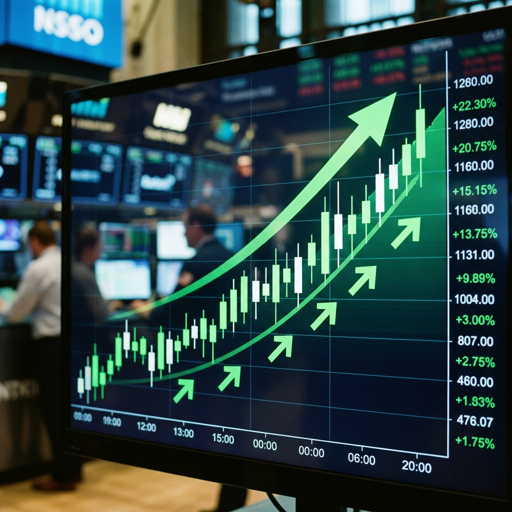 Stock market chart with green candlesticks and upward arrows depicting growth