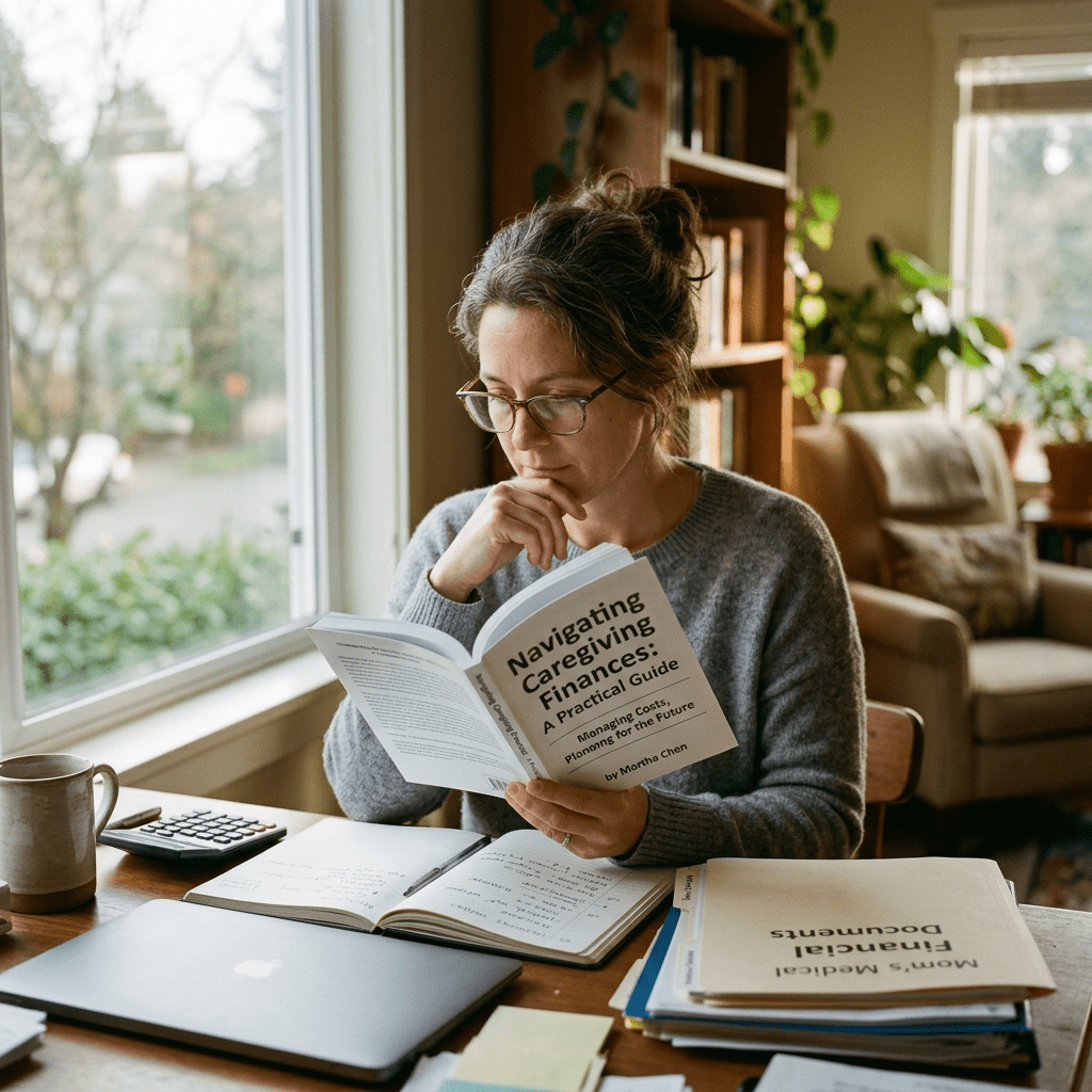 Woman reading a book titled Navigating Caregiving Finances at a desk