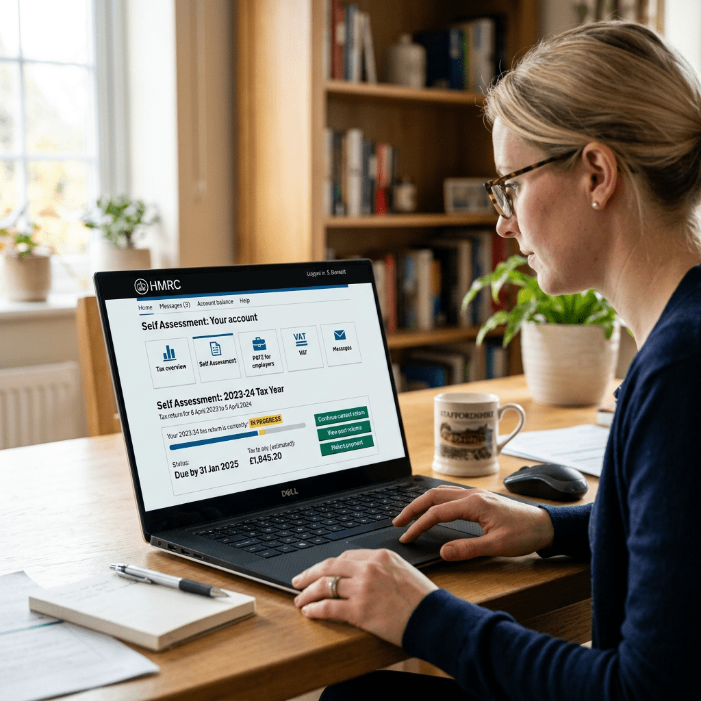 Woman viewing HMRC Self Assessment tax return status on laptop screen