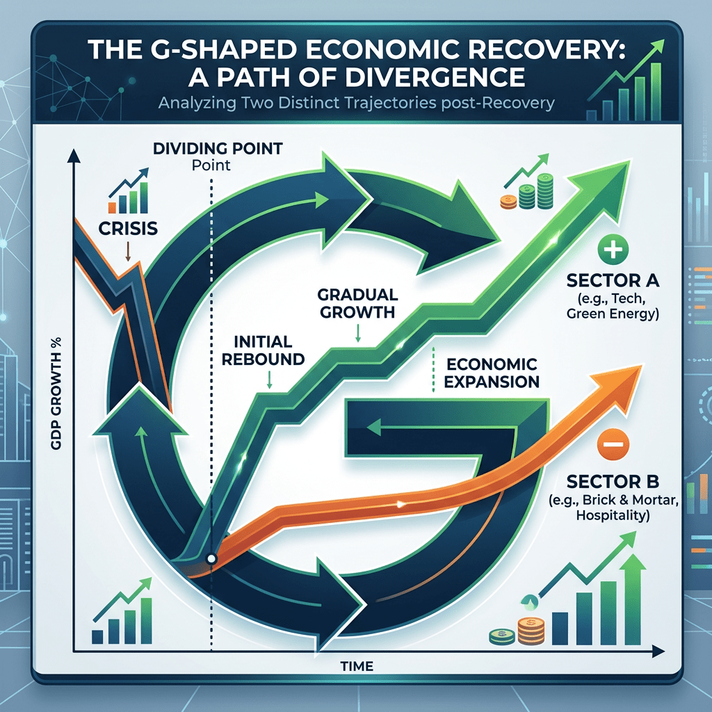 Graph showing two divergent GDP growth paths after a crisis, labeled Sector A and Sector B, with a dividing point and stages of rebound and expansion.