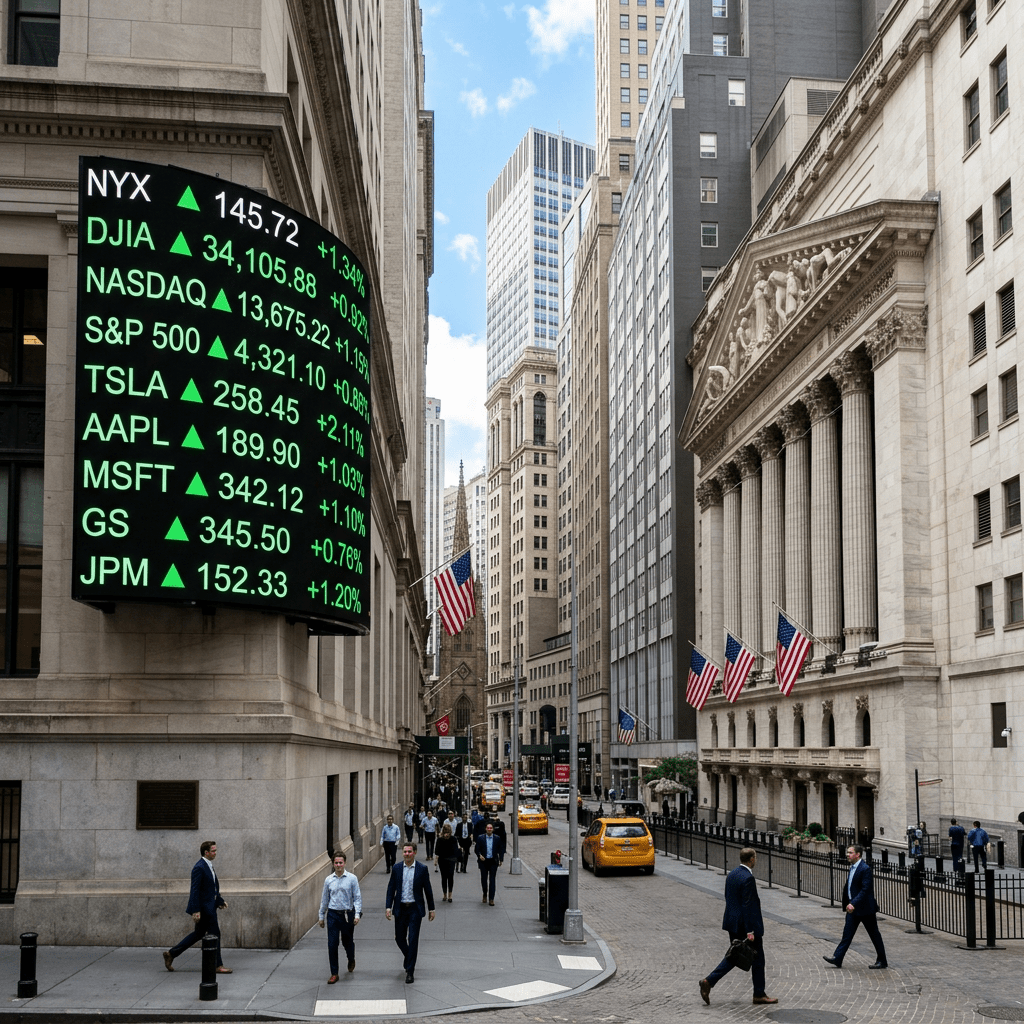 Digital stock market board showing rising indices and stock prices on Wall Street